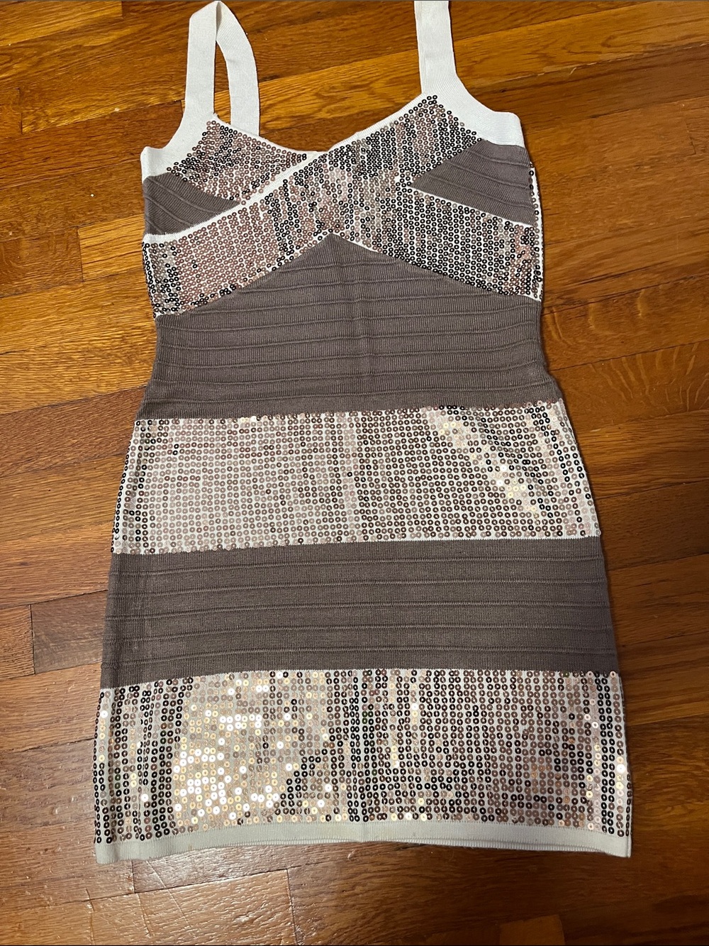 Sleeveless Sequin Striped Bodycon Dress in Taupe and White